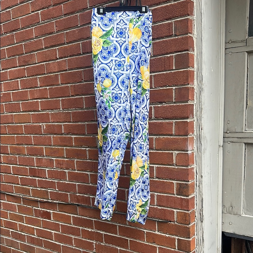 Boston Proper Wide Leg Palazzo Pants with Lemon & Floral Print